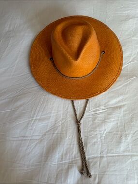 Women's Orange Wide-Brim Straw Hat with Chin Cord